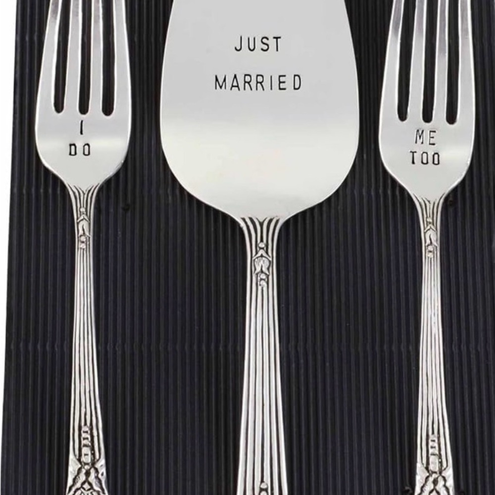 Mud Pie Silver Cake Server and Fork Set with Stamped Wedding Phrases
